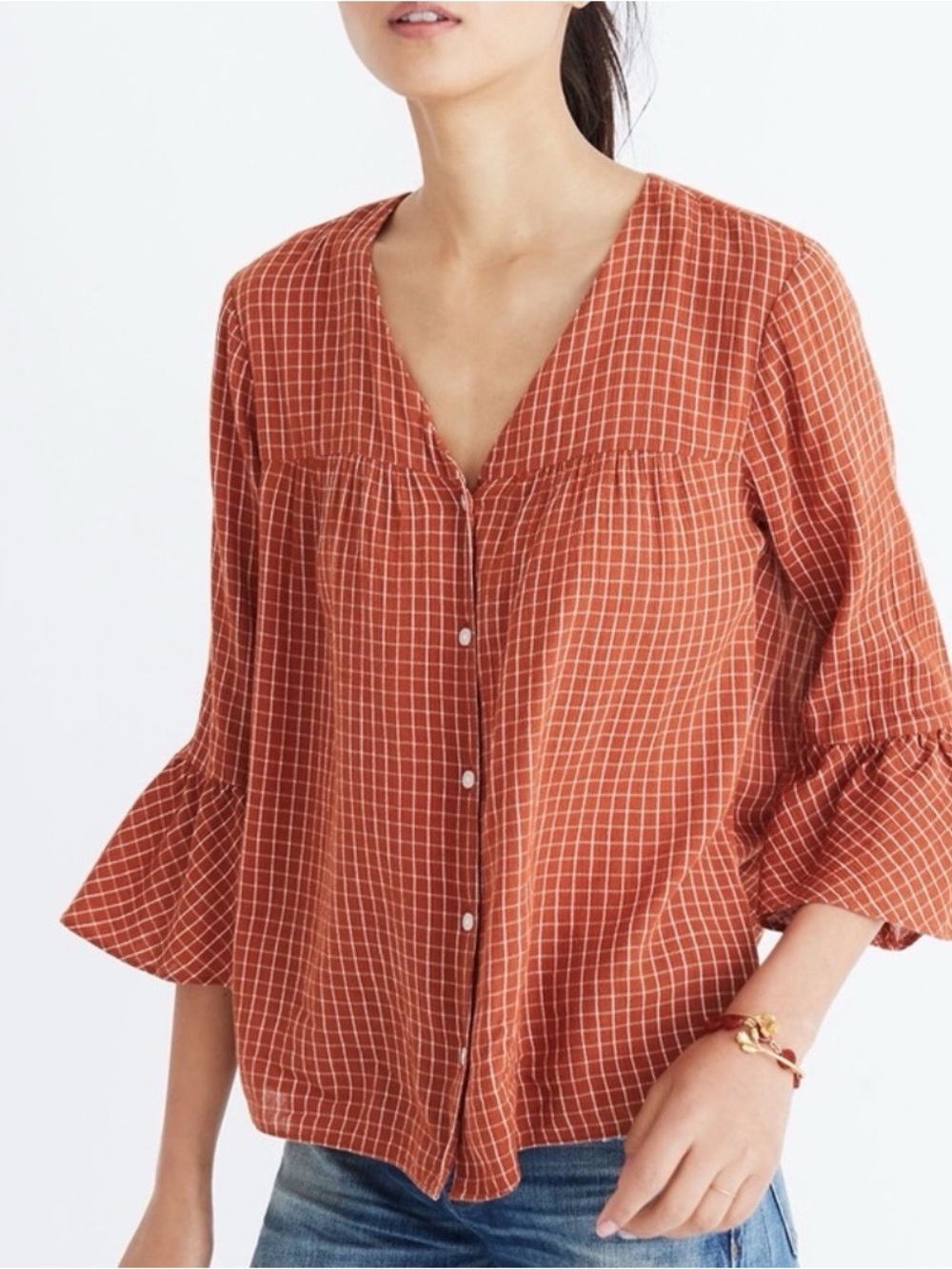 Madewell Veranda Bell Sleeve Button Front Windowpane Check Blouse Warm Rust Fall